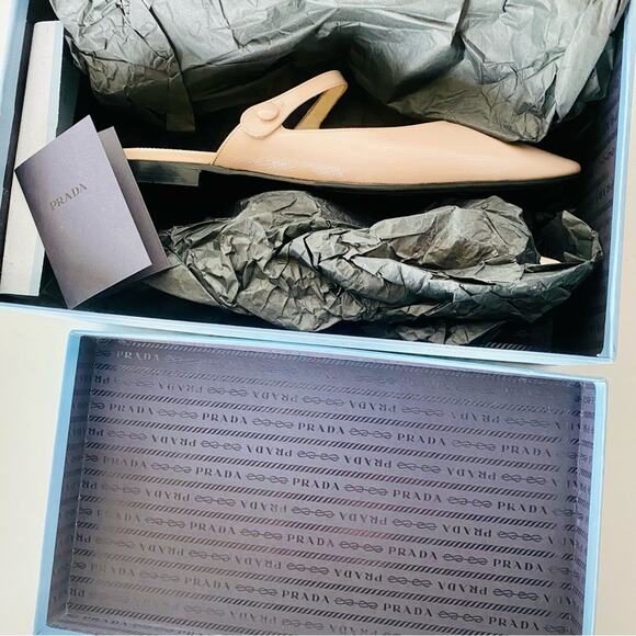 PRADA Nude Cream Beige Patent Leather Strap Pointed Toe Flats Slip On Slides 38 - Picture 5 of 16